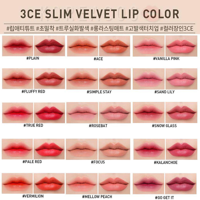 Bảng màu của dòng son 3CE Slim Velvet Lip Color mới được ra mắt.